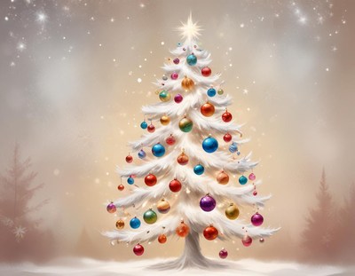 A snowy white christmas tree with colorful ornaments