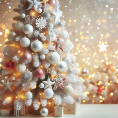 A white christmas tree with lights and ornaments
