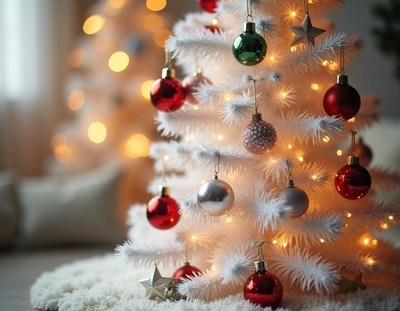 A white christmas tree decorated with ornaments