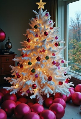 A white christmas tree with pink and green ornaments