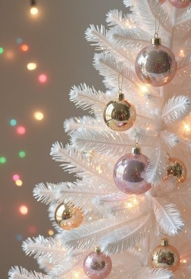 White christmas tree with gold ornaments and lights