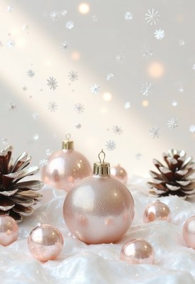 Rose gold ornaments with pine cones and snowflakes