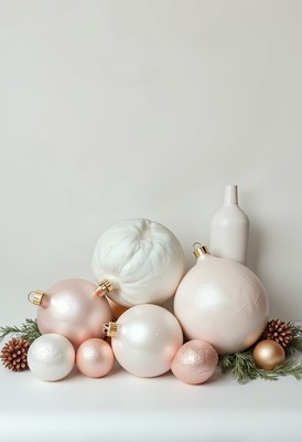 White and rose gold ornaments sit on a table