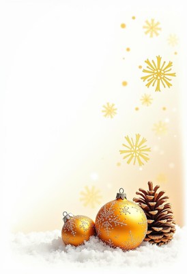Golden ornaments and a pine cone sit on snow