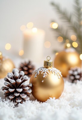 Gold snowflake ornament on faux snow