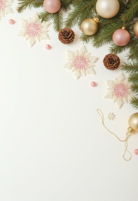 Pink and gold ornaments and snowflakes on a white background