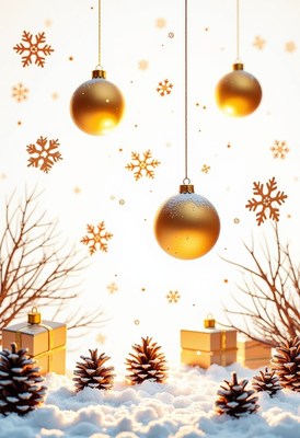 Golden ornaments hang in a snowy winter scene