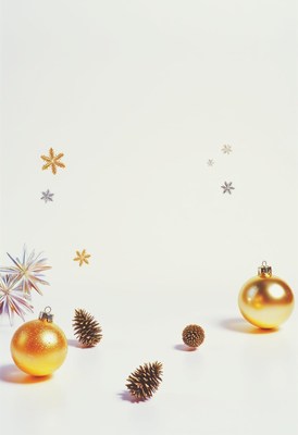 Golden ornaments and pine cones on a white background