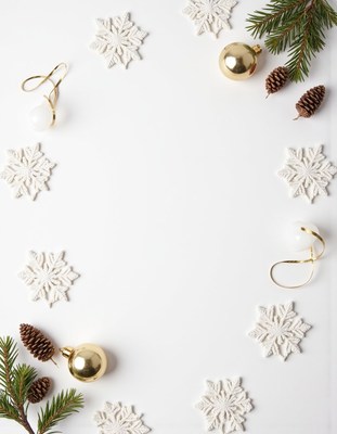 White snowflakes and pine branches on a white background