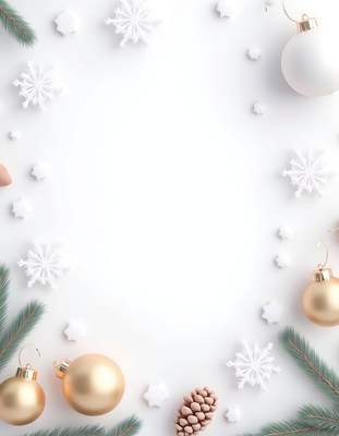 Gold ornaments and pine branches on a white background