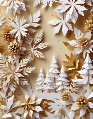 Paper snowflakes and pine trees create a winter wonderland