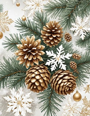 Pine cones and snowflakes adorn a winter scene