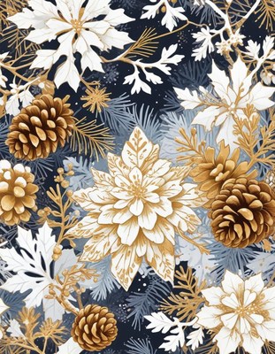 Winter pattern with white flowers and pine cones