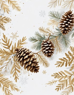 Pine cones and snowy branches on white