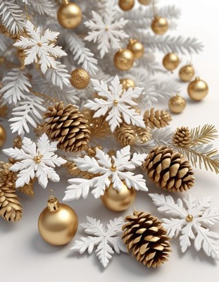 Golden ornaments and snowflakes adorn a white christmas tree