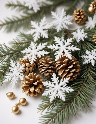 White snowflakes and gold pine cones on a fir branch