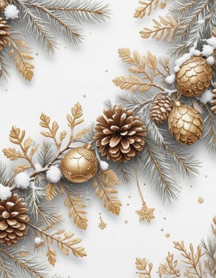 Golden ornaments adorn a snowy pine branch