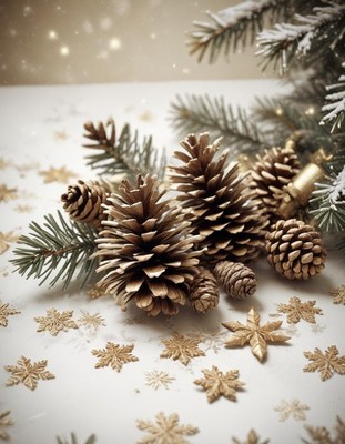Golden pine cones and snowflakes rest on a white surface