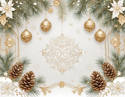 Golden ornaments and pine cones on white snow