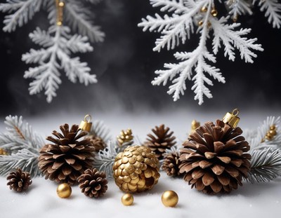 Golden pine cones and ornaments sit on a snowy surface