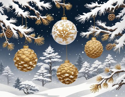 Golden ornaments hang from a snowy pine branch
