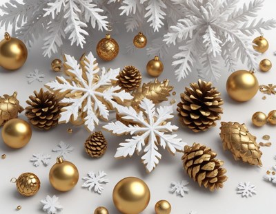 Golden ornaments and snowflakes adorn a white background
