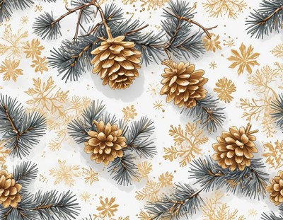 Pine cones and snowflakes decorate a winter scene