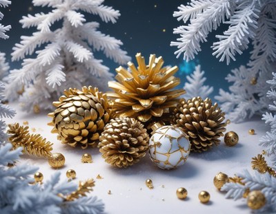 Golden pine cones and a white ornament sit in the snow
