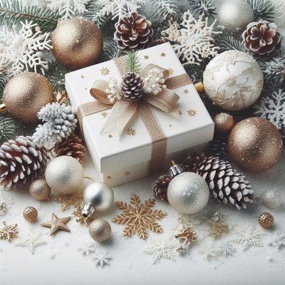 A white gift box with a gold ribbon among ornaments
