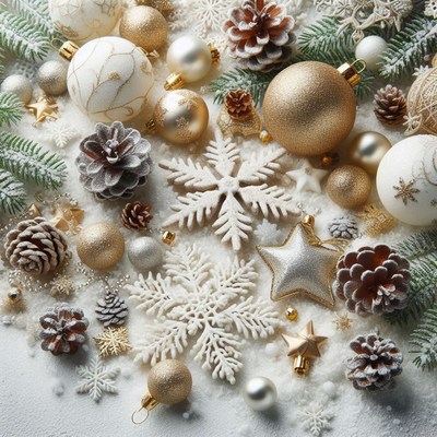 White snowflakes and gold ornaments rest on snow