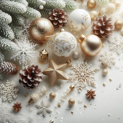 White and gold christmas ornaments on a white background