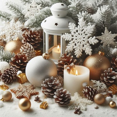 A white lantern with a candle by pine cones