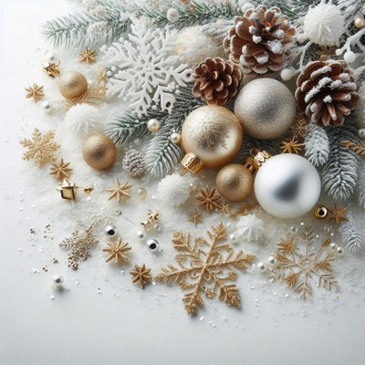 Golden and white ornaments decorate a snowy branch