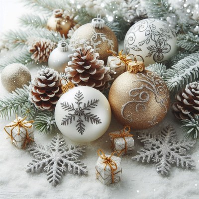 Ornaments and pine cones rest on snowy branches