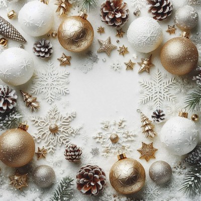 Gold and white ornaments on a snowy background