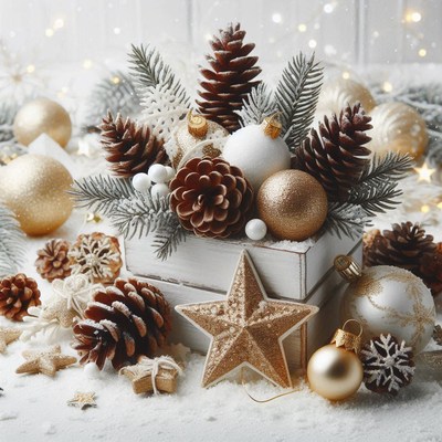A box with pine cones and ornaments on snow