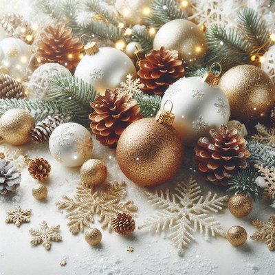 White and gold ornaments with snowflakes and pine cones