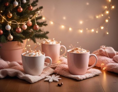 Three cocoa mugs by a tiny christmas tree