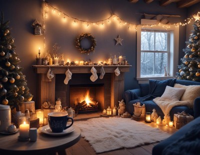 Cozy christmas living room with a lit fireplace