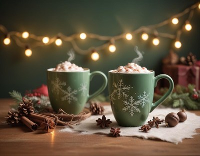Two mugs of cocoa with marshmallows on a table