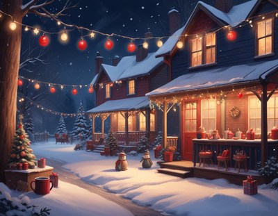 A snowy neighborhood is decorated with christmas lights