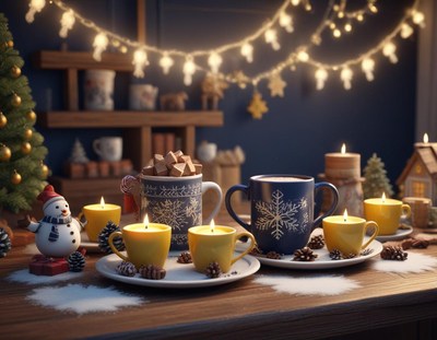 A cozy winter scene with candles and mugs on a table