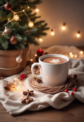 A warm cup of coffee by a christmas tree