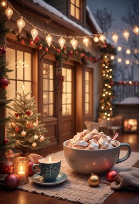 A cozy winter night with a mug of hot cocoa and marshmallows