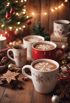Warm mugs of cocoa sit on a wooden table during the holidays