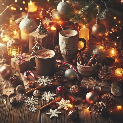 Cozy christmas table with hot chocolate and lights