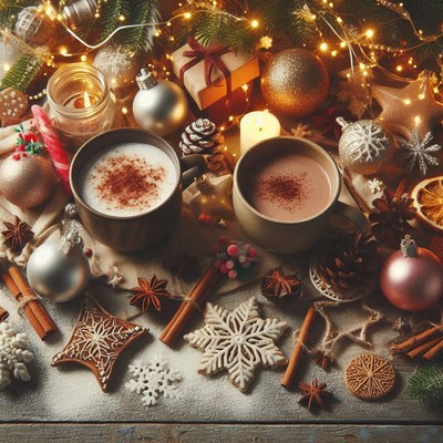 Two mugs of hot cocoa surrounded by christmas decorations