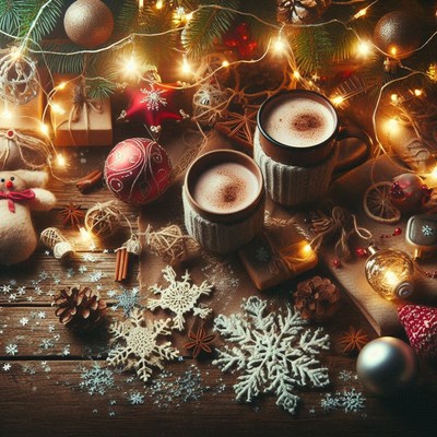 Cocoa mugs on a table with christmas decor