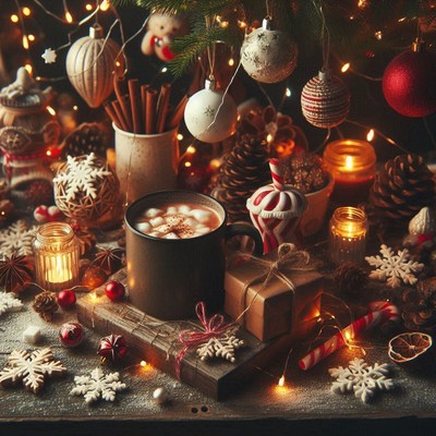 Cocoa with marshmallows among christmas decor