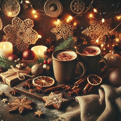 Cozy night: two mugs of cocoa by the fire